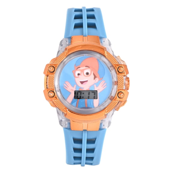 Blippi Boys Perforated Light Blue Silicone Strap Watch with Clear Case and Orange Metallic Bezel; BLP4006WM