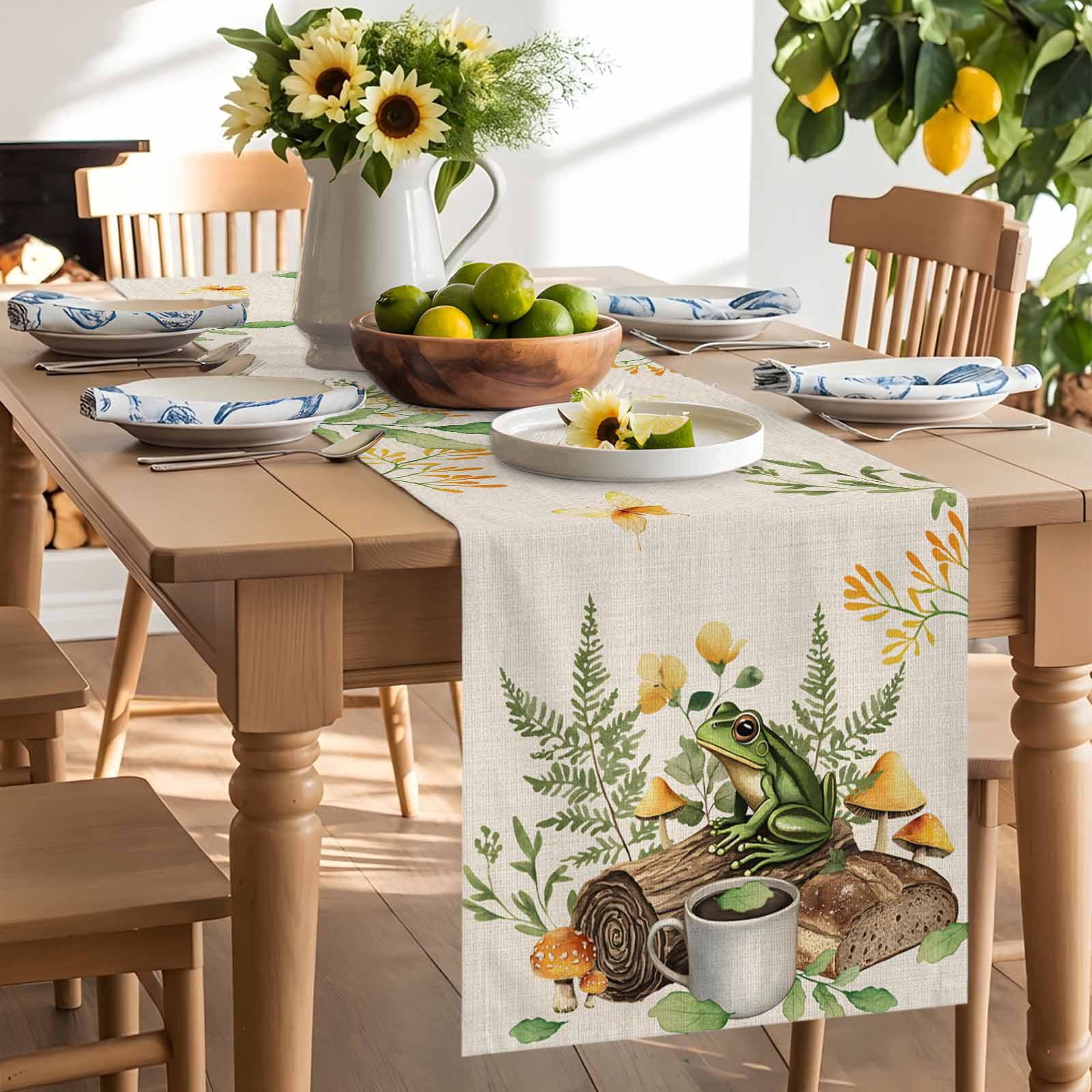 Pastoral Coffee Frog Mushroom Table Runner 90 Inches Long, Retro Bread on Linen Table Runners Tabletop Scarf Kitchen Dining Tables Decoration for Home Party Indoor Outdoor