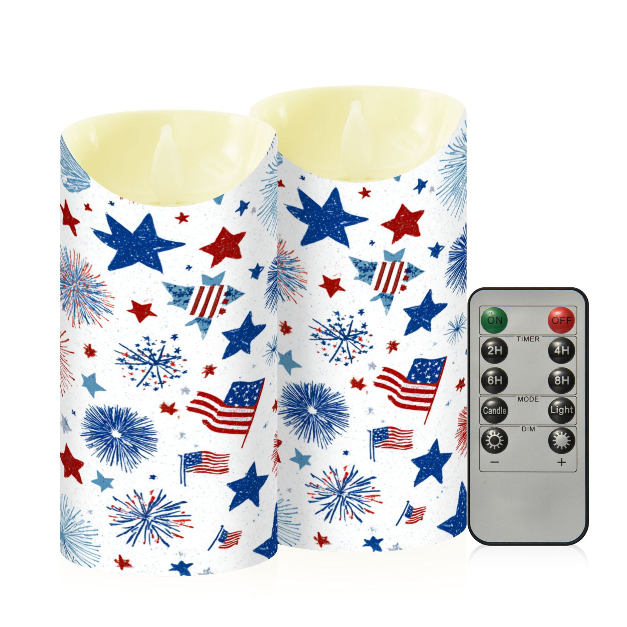 2 PCS Tilted Flameless Candles Flickering LED Lights Battery Operated Candles with Remote Timers for Holiday Decor Fireworks and Flag