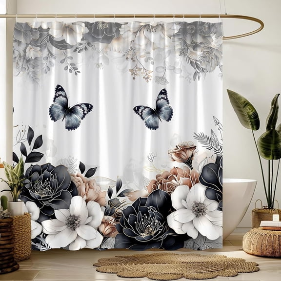 Black White Floral Butterfly Shower Curtain, Boho Vintage Flower Leaf Bath Curtain, Rustic Bathroom Decor, Waterproof Polyester Fabric with Hooks 36"W x 72"H
