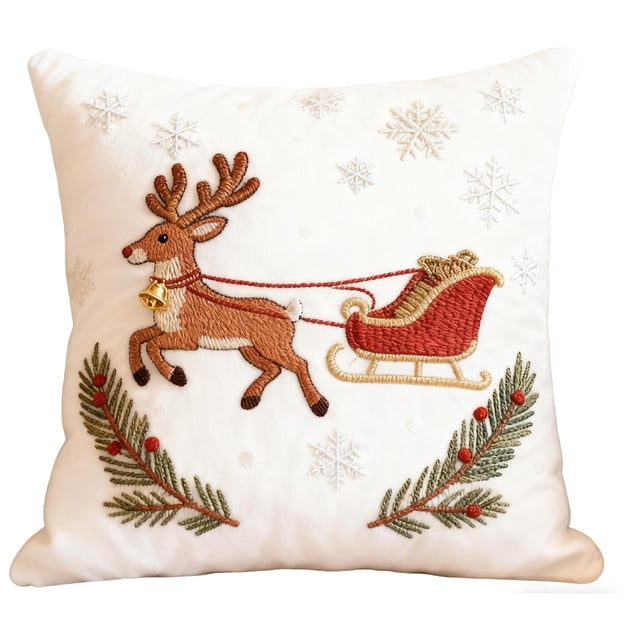 Funda de almohada bordada navideña, funda de cojín tejida con diseño de trineo de alce navideño, funda de almohada rústica con acebo rojo, funda de cojín decorativa para sofá estilo casa de campo inv