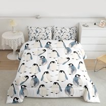 Manfei Cartoon Animal Lover Full Size Comforter Sets, Antarctic Penguin Print Bedding Comforter Set, Kawaii Wildlife Bedding Sets, Ultra Soft Home Decor, 3pcs