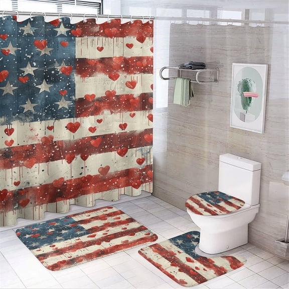 4th of July 4 Piece Shower Curtain Sets, Non-Slip Rugs, Toilet Lid Cover And Bath Mat, for Bathroom Decor Set, 72" X 72"