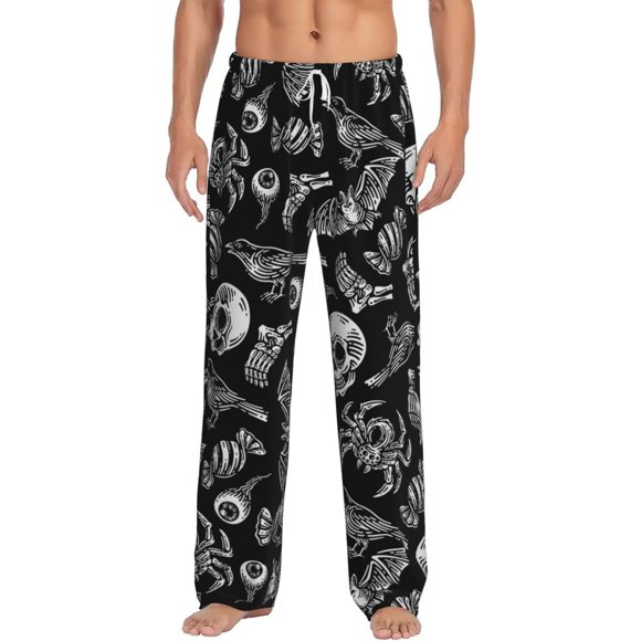 Naloa Skull bird bat spider Print Pajama Pants Men, PJ Bottoms, Sleep & Lounge Pants-Large