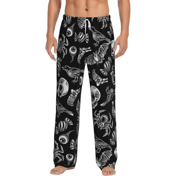 Naloa Skull bird bat spider Print Pajama Pants Men, PJ Bottoms, Sleep & Lounge Pants-Large