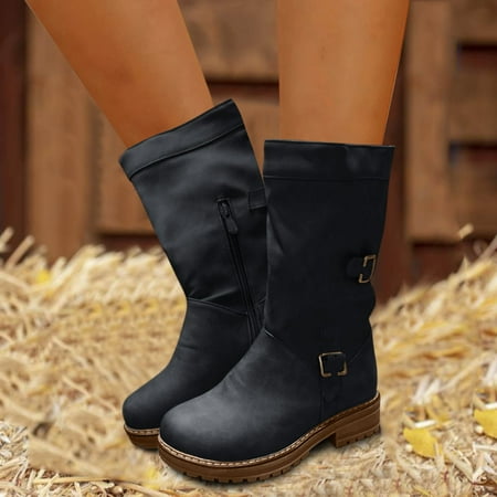

Alueeu Women s Mid-Calf Boots Heel Side Autumn Shoes Mid Toe Round Boots And Winter Thick Women s Zipper Women s Boots