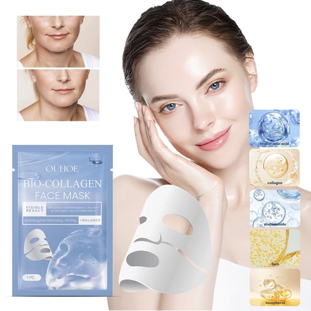 Mascarilla Facial Biocolágeno Hoja 5ml Pack Uso Nutrición Profunda Piel Suavizante Mejoradora Calmante Para Todo Tipo de Pieles 58g Tamaño Grande 21.5x12cm Superior 21.5x7.5cm Inferior