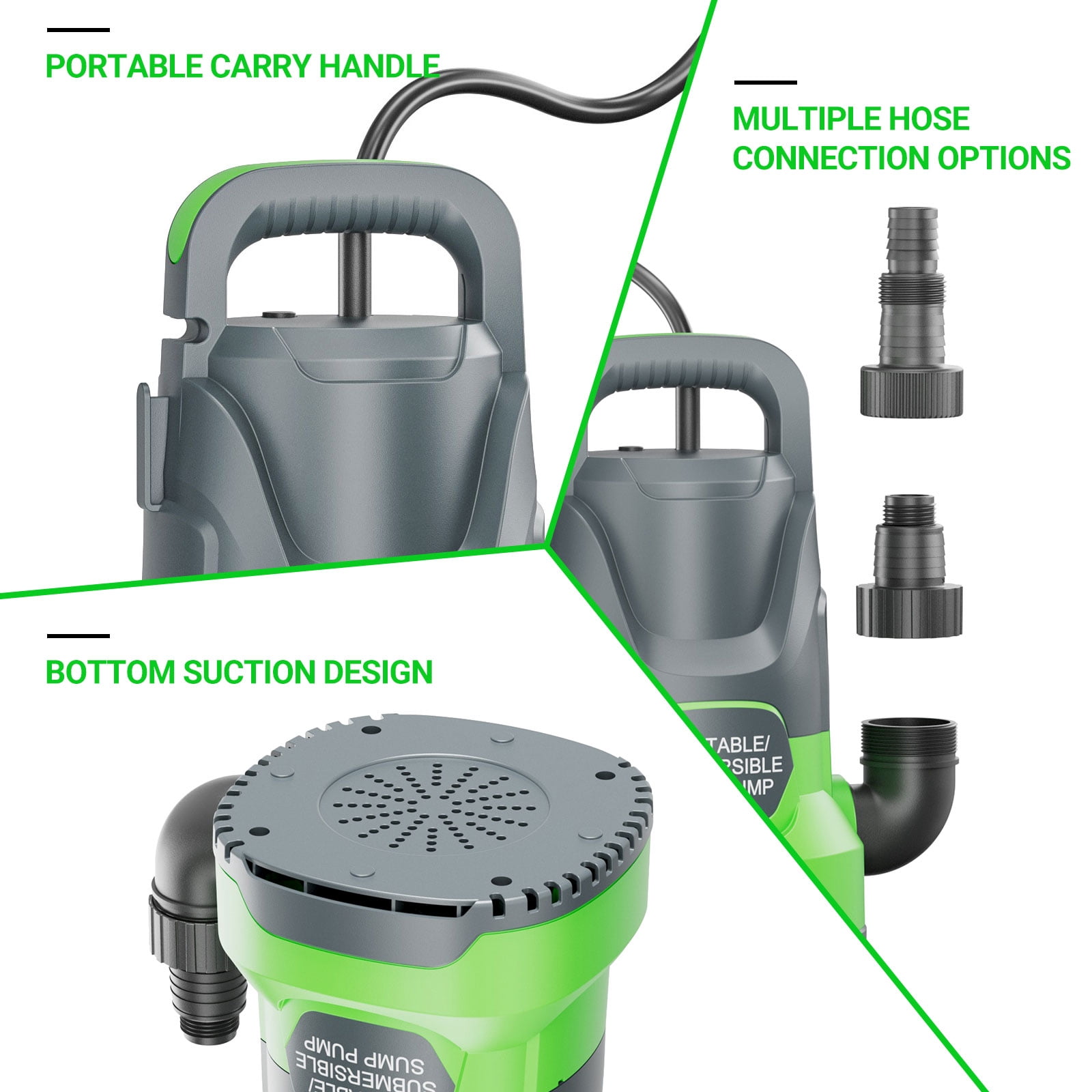 Sump Pump Submersible Water Pump 1.1HP 4700GPH Portable Water Transfer Pump Electric for Pool Draining Hot Tub Basement Utility Pumps Green