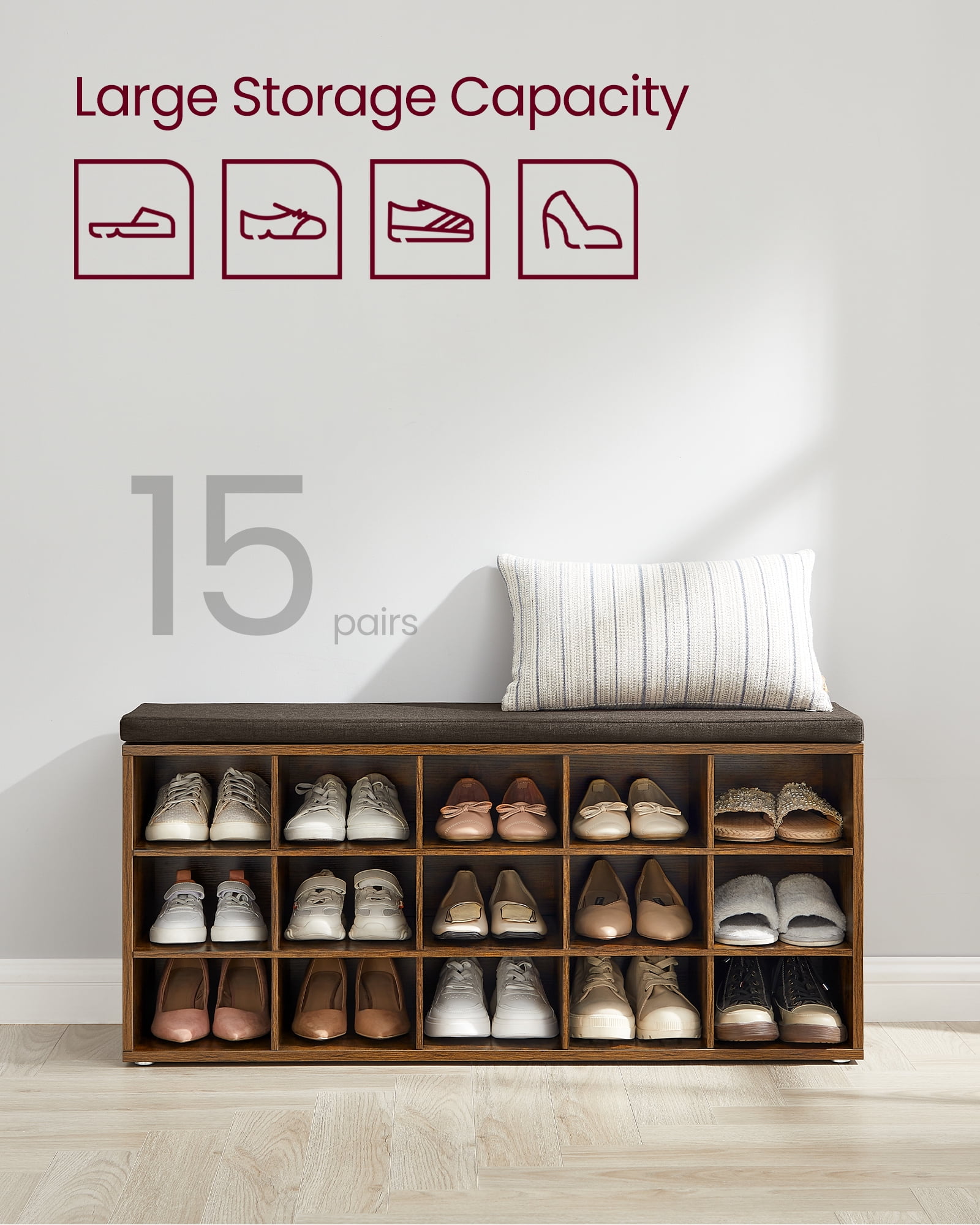Shoe Rack Bench with Cushion 15 Compartments Storage Bench Shoe Bench for Entryway Rustic Brown