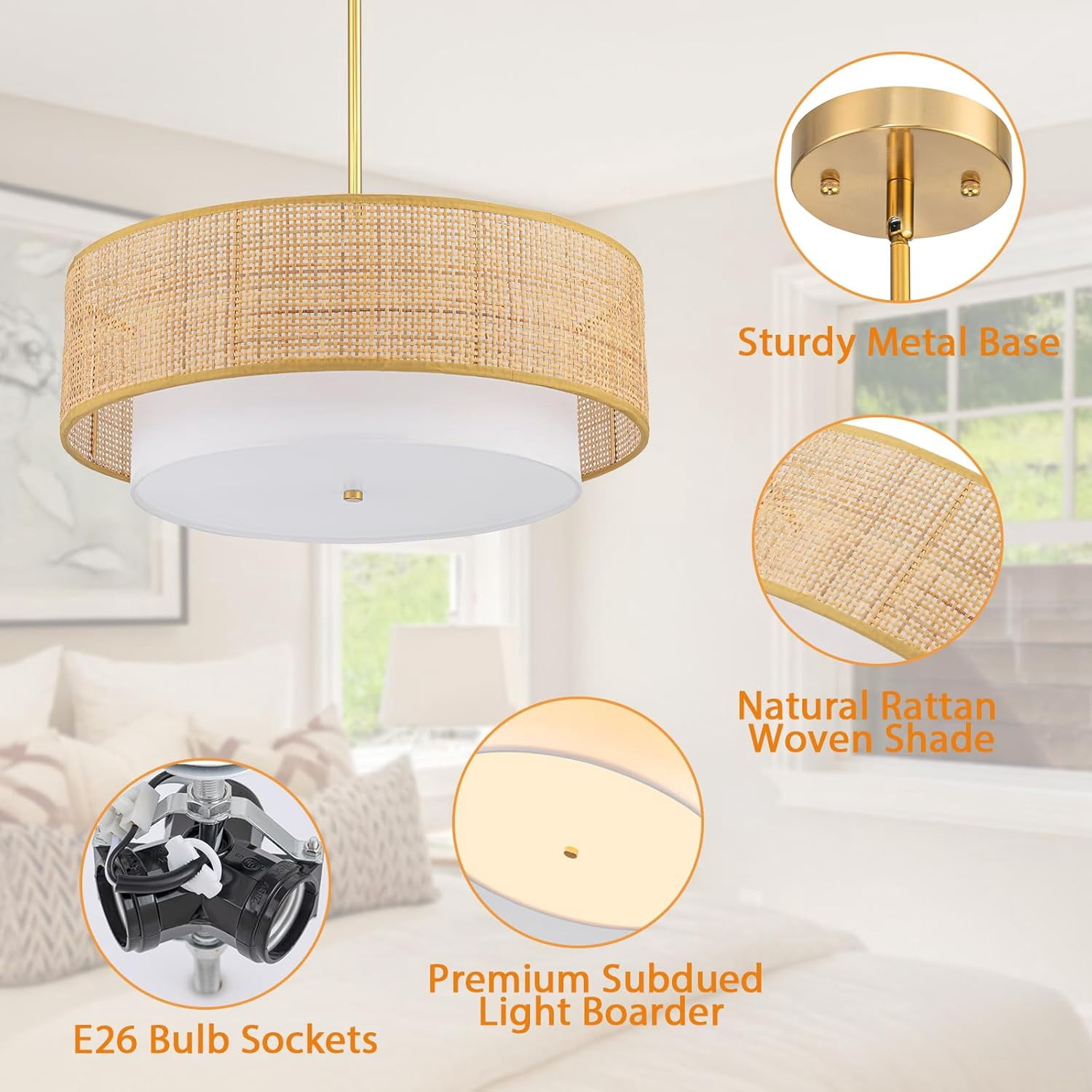 Bohemian Rattan Farmhouse Chandelier 3-Light Dimmable 18 Inch