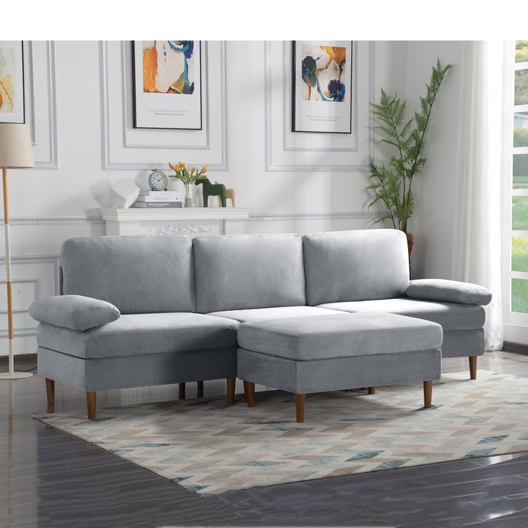 Aukfa 100" Velvet Sectional Sofa Modular Couch with Chaise for Living Room, Gray