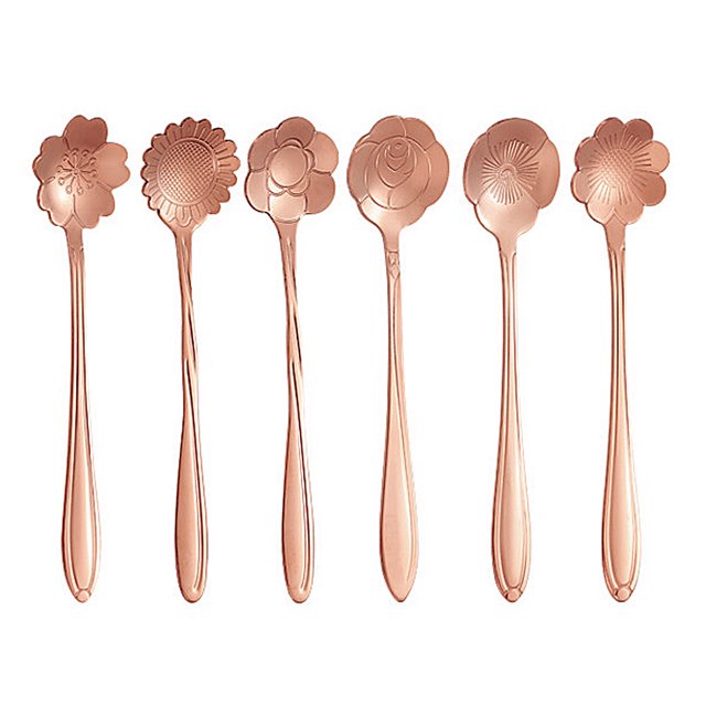 6 Pieces Flower Spoon Coffee Teaspoon Set Stainless Steel Tableware Creative Sugar Spoon Tea Spoon Stir Bar Spoon Stirring Spoon, 6 Different Patterns