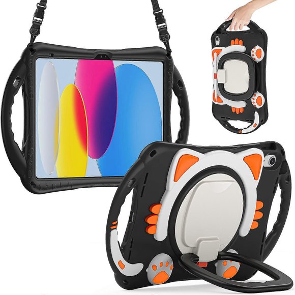 Cat Design Case For Ipad 10.9 Inch 2022 With Shoulder Strap, Pen Holder, Two Portable Handle, 360 Rotating Big Ring Stand, Camera Protection Cover, Du