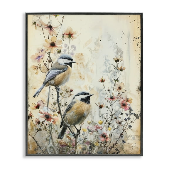 Stupell Industries Sparrows Perched on Florals Animals Painting Black Framed Art Print Wall Art, 11 x 14