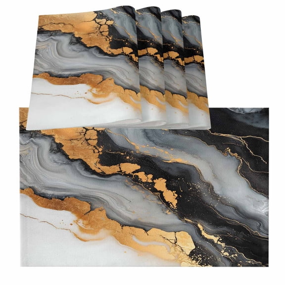 Black Golden Placemats for Dinning Table Set of 6, Marble Aesthetics Modern Ink Painted Burlap Kitchen Place Mats Waterproof Cloth Table Mats, Indoor Outdoor Placemats Easy Clean Dinner Decor