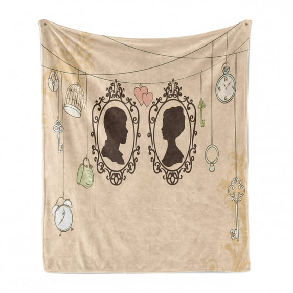 Wedding Soft Flannel Fleece Throw Blanket, Vintage Silhouette Frames Married Couple French Style Design Happiness, Cozy Plush for Indoor and Outdoor Use, 70" x 90", Pale Pink Dark Brown, by Ambesonne