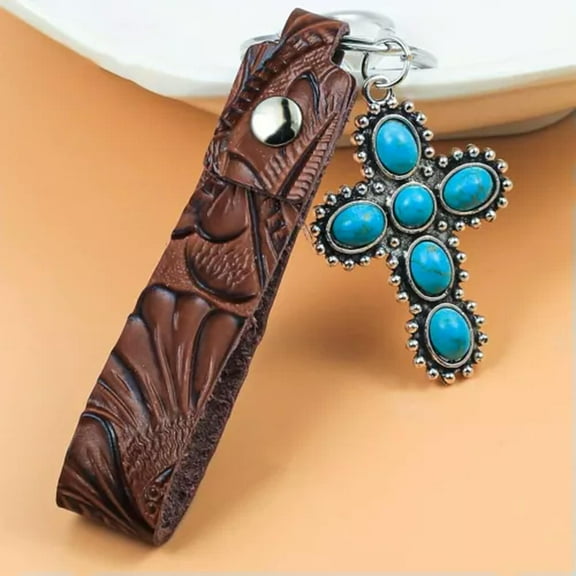 HOOUN Vintage Western PU Leather Turquoise Cross Cowboy Keychain Keyring Boho Jewelry-02#Turquoise Cross Keyring