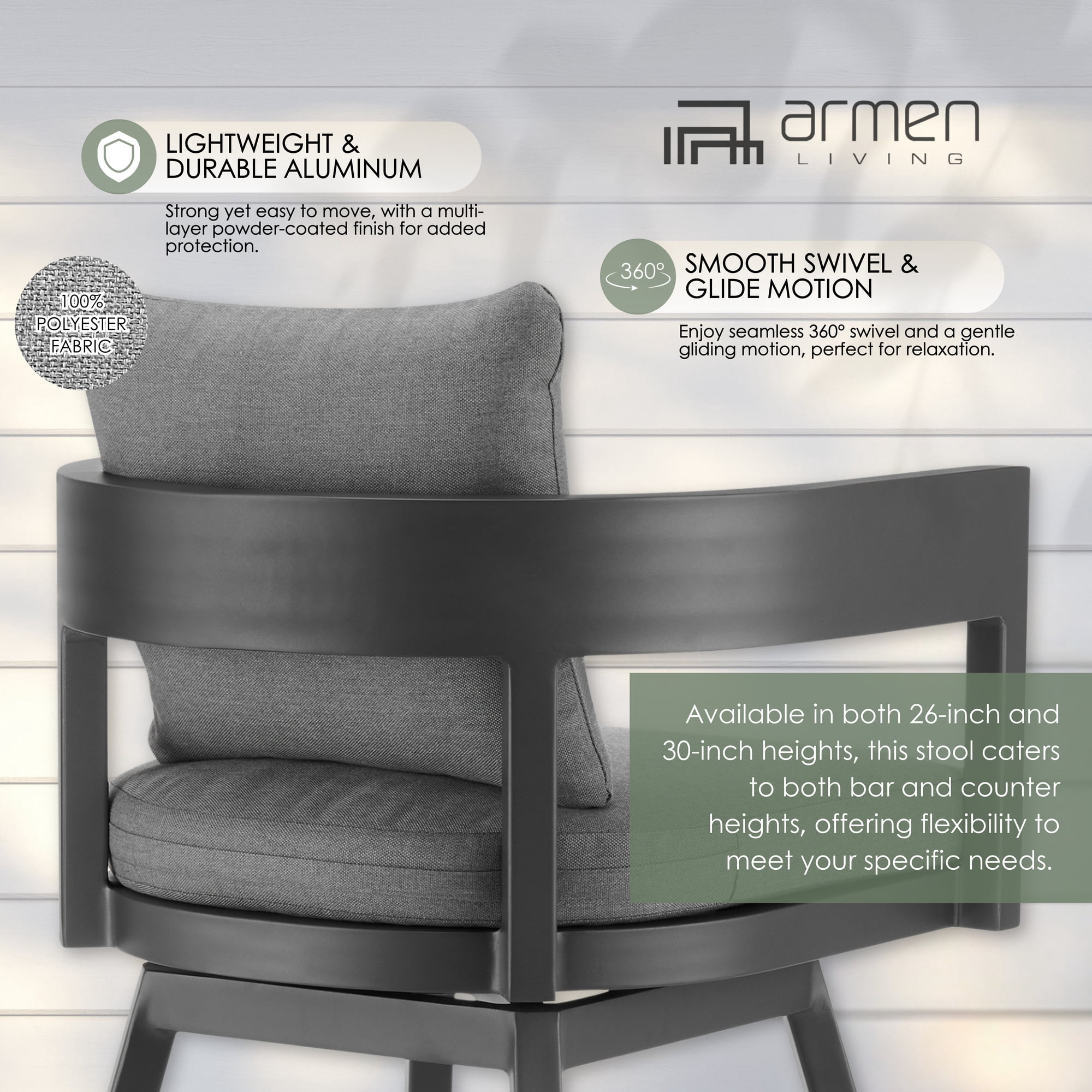 Menorca Outdoor Patio Swivel Counter Stool in Aluminum with Gray Cushions - Set of 3