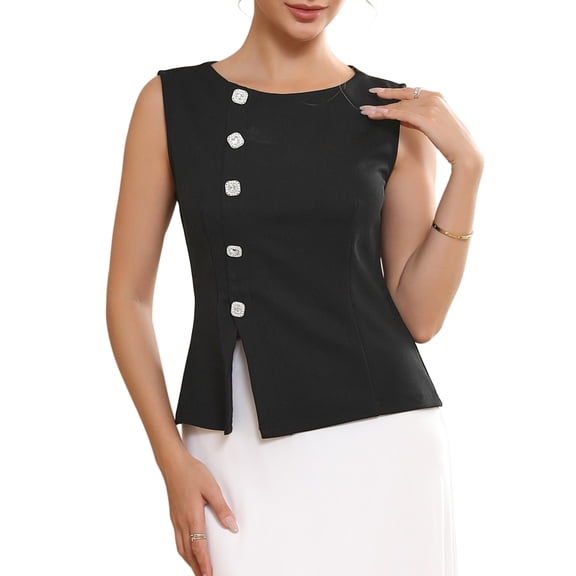 INSPIRE CHIC Women's Sleeveless Formal Top Button Decor Round Neck Cropped Peplum Vest Tops S Black