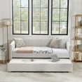 thumbnail image 5 of Twin Size Daybed with Trundle Sofa Bed - Vertical Stripe Linen Upholstery, Beige, Space-Saving Guest Sleeper (82.5x43x30), 5 of 9