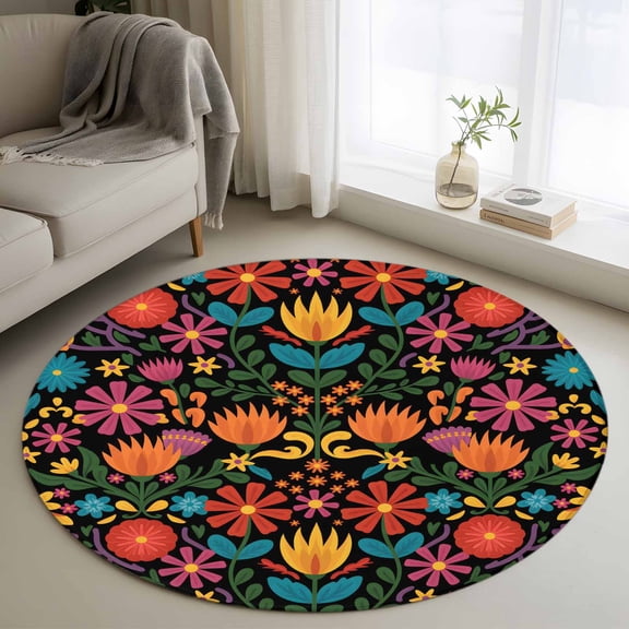Colorful Mexico Round Rug 3ft Washable Circle Entryway Rugs Non Slip Modern Abstract Flowers Leaf Orange Green Area Rug Indoor Floor Carpet for Bedroom Kitchen Living Room Home Office Dining Room