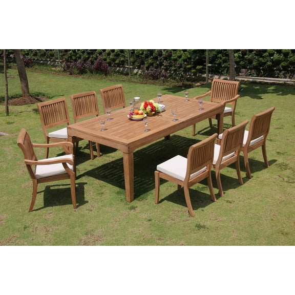 Teak Dining Set: 8 Seater 9 Pc: Large Caranasas 122" Double Extensions Rectangle Dining Table,6 Armless & 2 Arbor Stacking Arm/Captain Chairs Outdoor Patio Grade-A Teak Wood WholesaleTeak #WMDSAB42