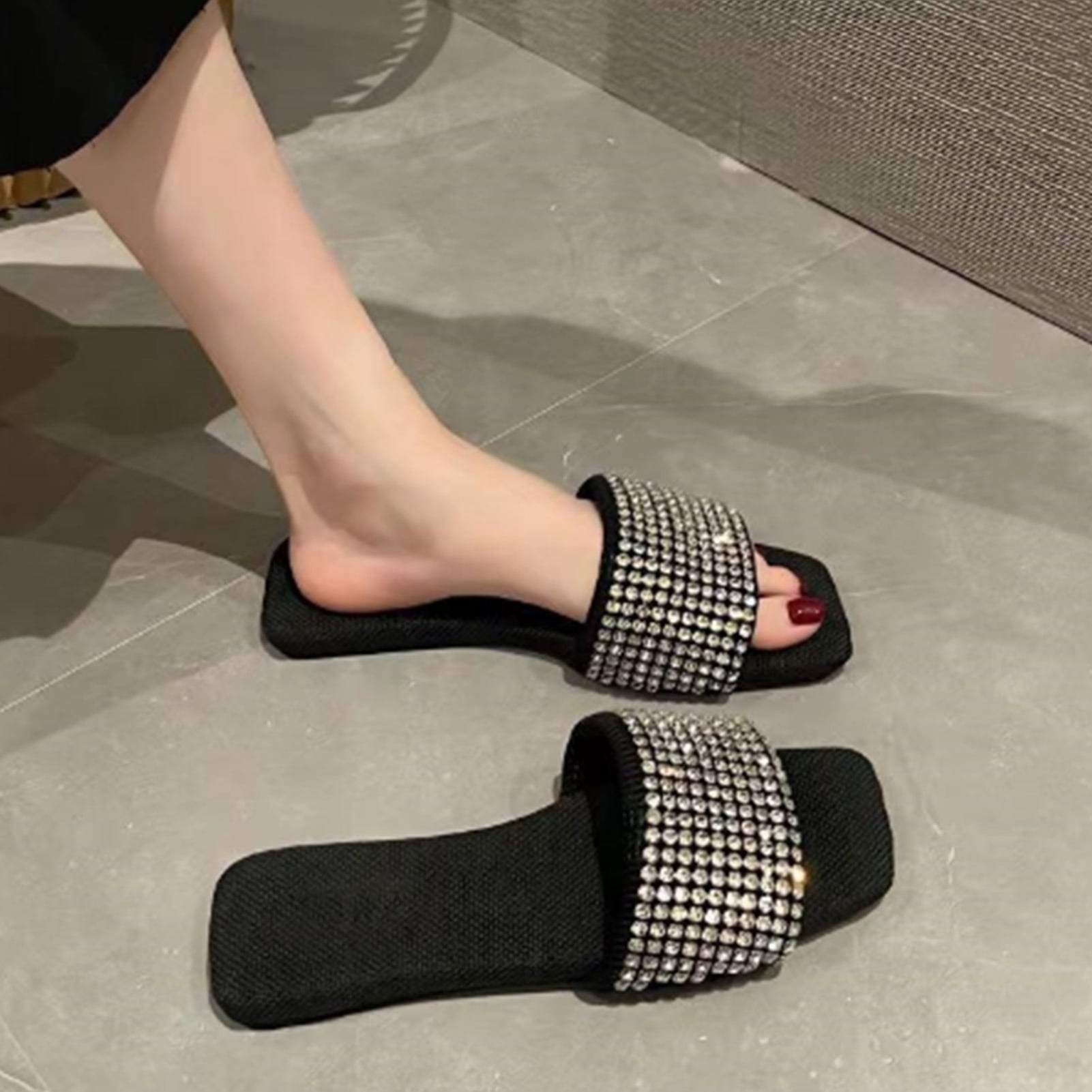 Women Slide Sandals Rhinestone Glitter Slip On Open Toe Flat Sandals for Summer Outdoor Travel Beach Black 38