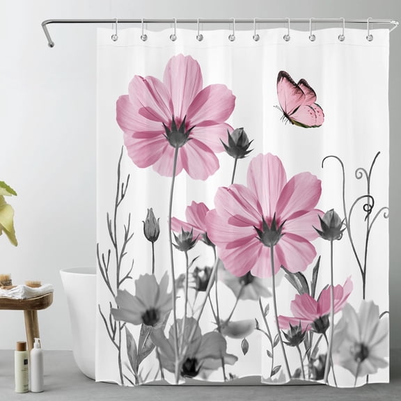 HVEST Vintage Pink Floral Shower Curtain, Pink Butterfly and Watercolor Flower Shower Curtain - Pink and Gray Bathroom Decor, Waterproof Polyester Fabric, Includes 10 Hooks, 60x72 Inches