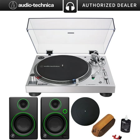 Audio-Technica AT-LP120XUSB Direct-Drive Turntable Analog/USB, Silver + Audio Immersion Bundle w/ Platter, Vinyl Record Cleaning System & Mackie 3