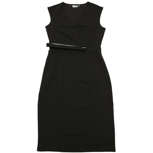 Vestido de oficina de trabajo para mujer, sin mangas, cuello en V, con cinturón, vestidos de lápiz Negro L