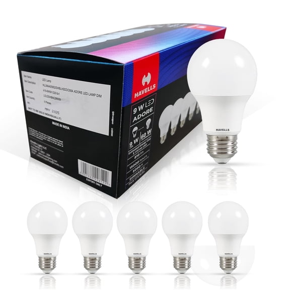 Havells Adore A19 Dimmable LED Bulbs 9W, 60W Equivalent, It Produces 800 lumens of Bright, Energy-Efficient Lighting, E26 Base - Pack of 6 (5000K - Daylight White)