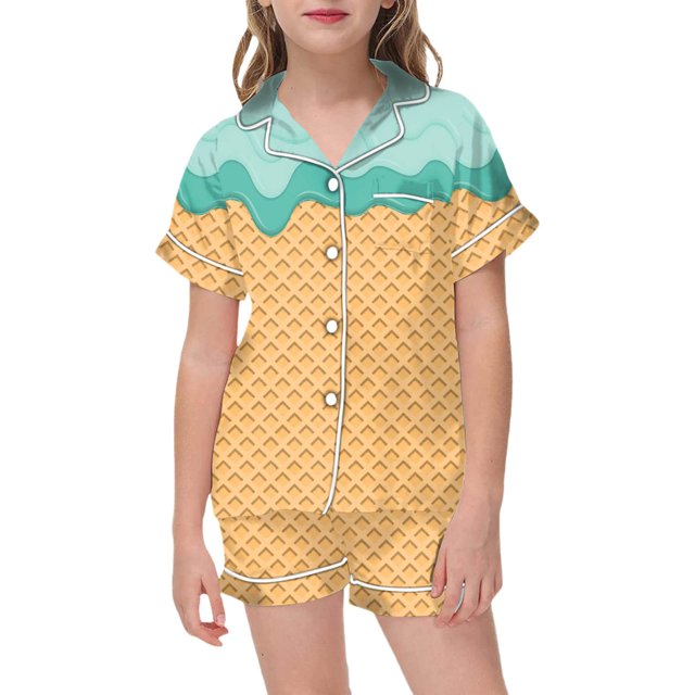 Icvfdpl Tenues d'Été pour Filles, Ensembles de Pyjamas 2 Pcs Enfants Imprimé Graphique Manches Courtes Chemise à Boutons Ensemble de Pyjama Vêtements Adorables pour Filles, 6-7 Ans