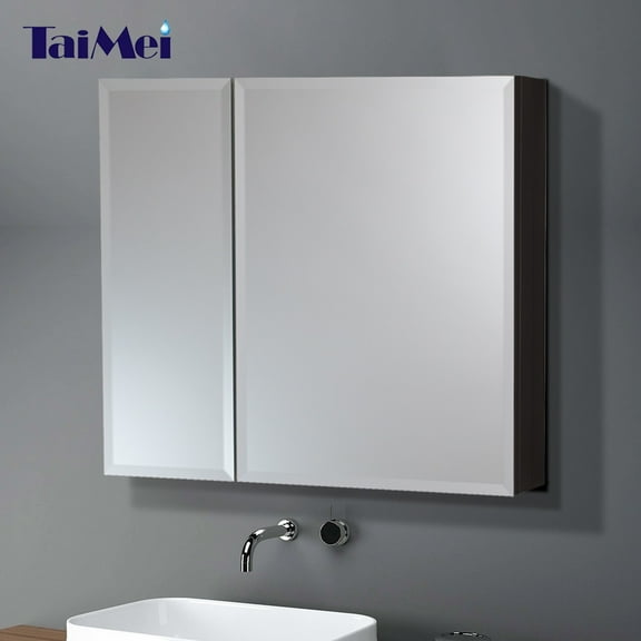 Taimei DIY Wall 2-Door Frameless Mirror Medicine Cabinet 30" Wx26" Hx4.5/8” D with Beveled Edges, Color Black, Bathroom Mirror Cabinet with Adjustable 2 Glass Shelves, Storage Cabinet by FOCA US