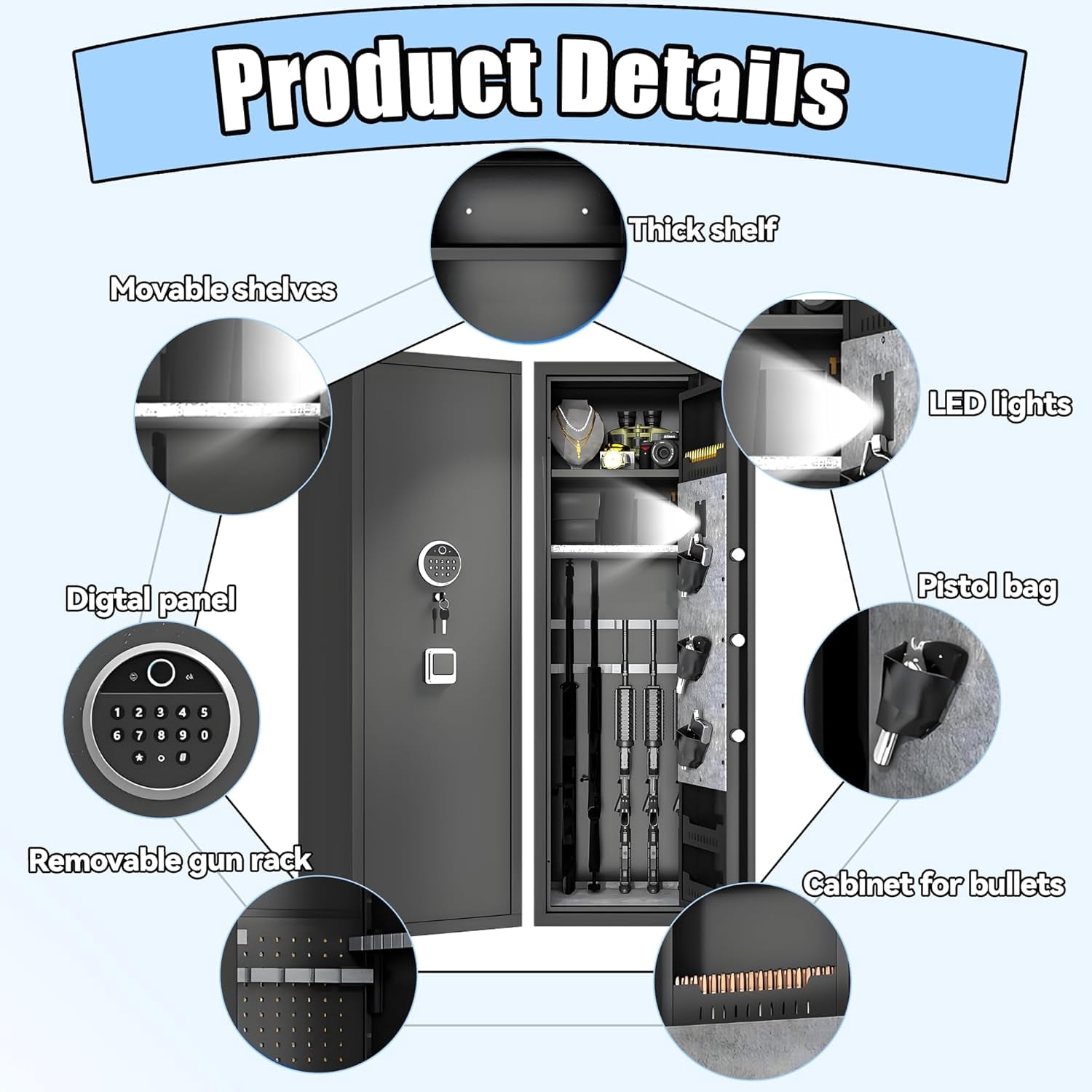 Biometric Gun Safe for Rifles & Pistols - Large 10-15 Gun Cabinet with Adjustable Shelves, Fireproof & Home Security Safe, No Assembly, Fingerprint Locking Cabinet (11.81”D x 13.78”W x 57.09”H)