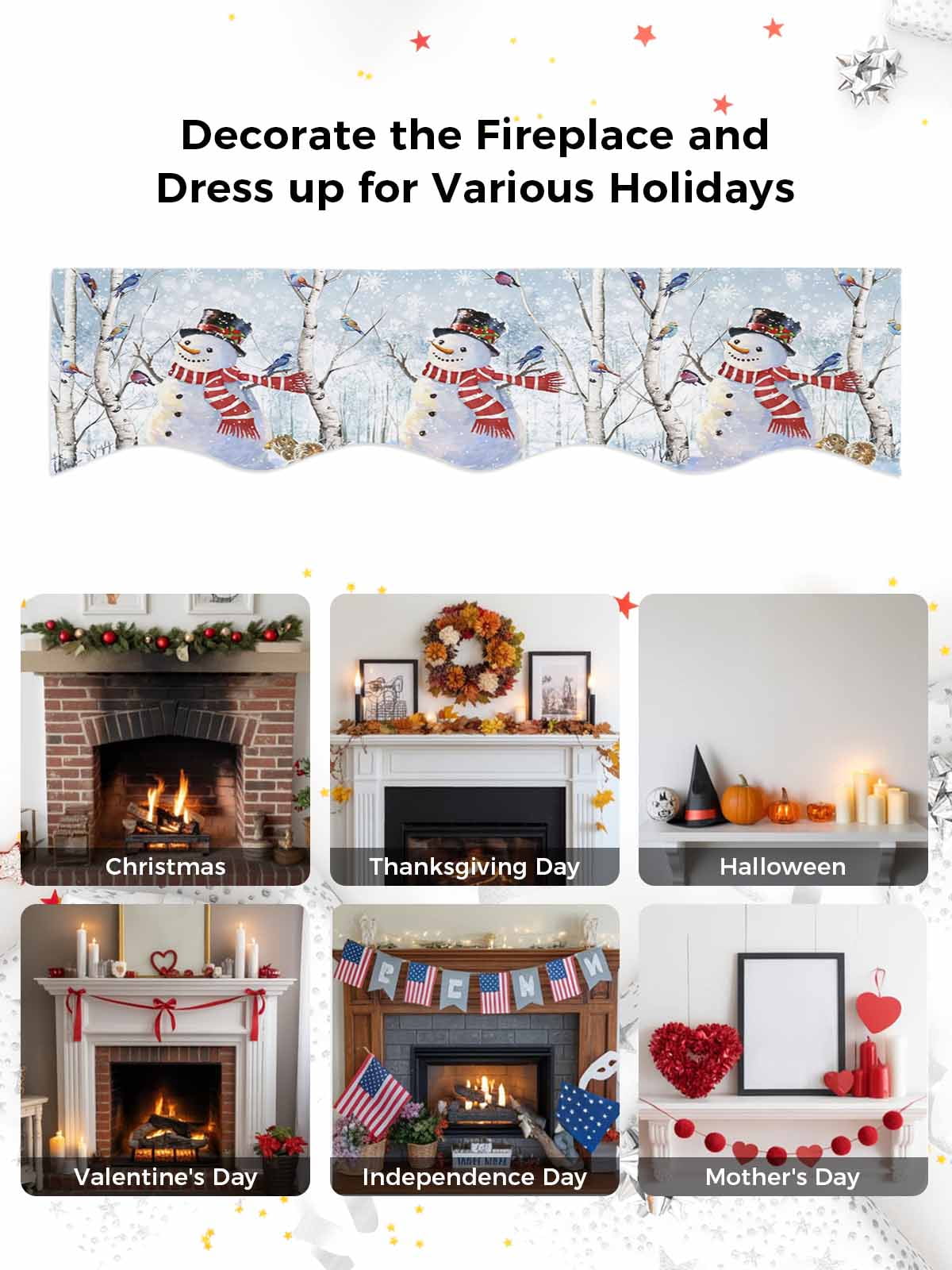 Christmas Snowman Fireplace Mantle Scarf Winter Forster Squirrels Xmas Bird Snowfall Mantel Cover Runner Fireplace Cloth for Holiday Party Home Living Room Decor 70 x 17 Inch