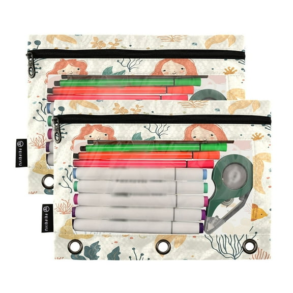 Ckdifva Mermaids Cartoon Pencil Pouch 3 Ring Zipper Pencil Case Binder Pockets Clear Top Cosmetic Bag 2 Pack