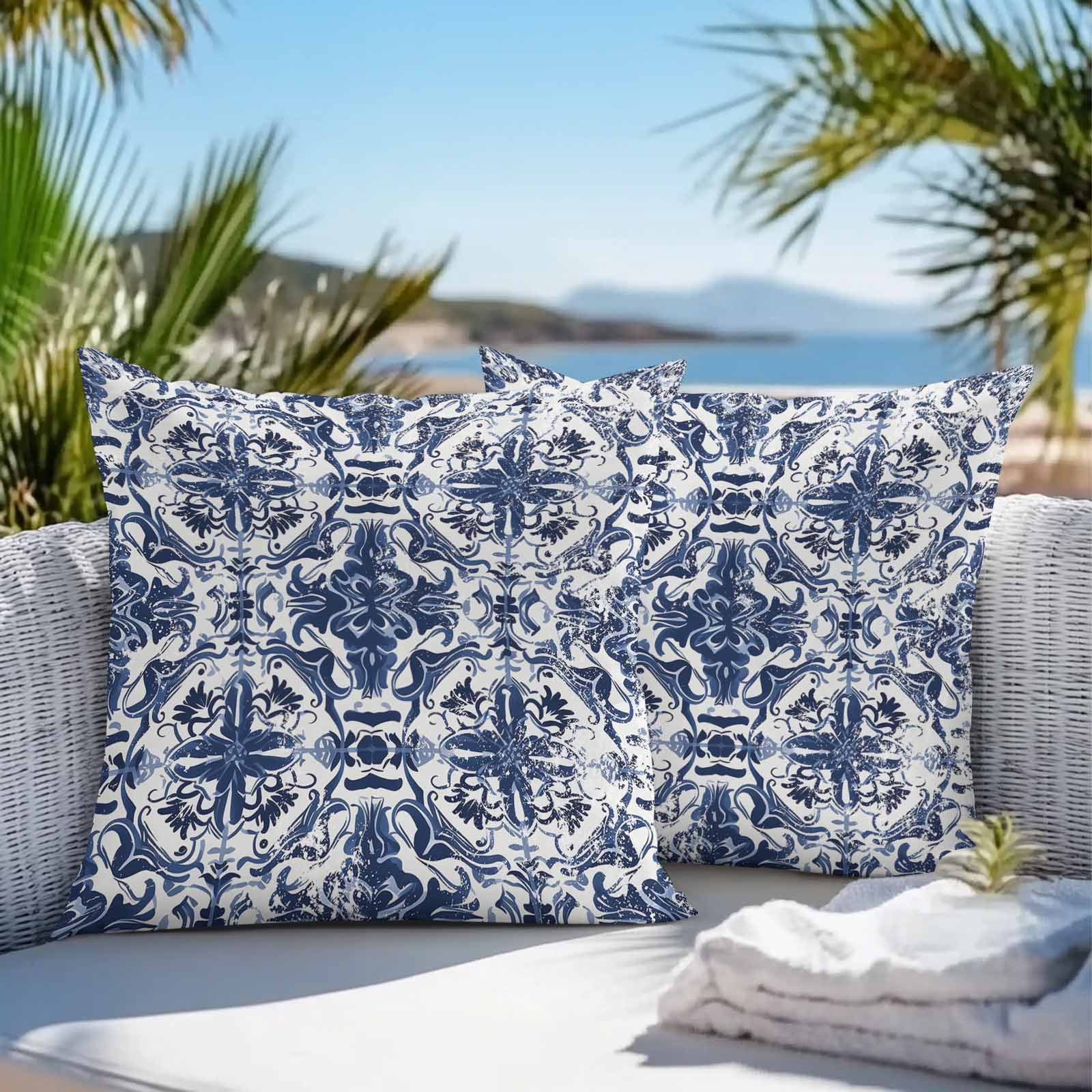 Boanket Outdoor Pillow Covers 20 x 20 Inches, Blue Abstract, Waterproof Throw Pillow Cover Set of 2, Traditional Geometric Native Printing Decorative Square Cushion Covers for Patio/Tent/Couch/Garden