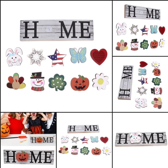 Rustic Wood Welcome Sign with 10 Icons, Interchangeable Décor for Porch or Wall, Festive Home Accents