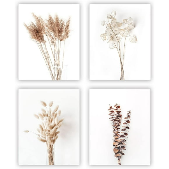 shiyou-Botanical Wall Art Plant Prints Floral Leaf Pictures Boho Flower Wall Decor for Bedroom Beige Fall Pampas Grass Leaves Artwork Set of 4(UNFRAMED 8x10in)