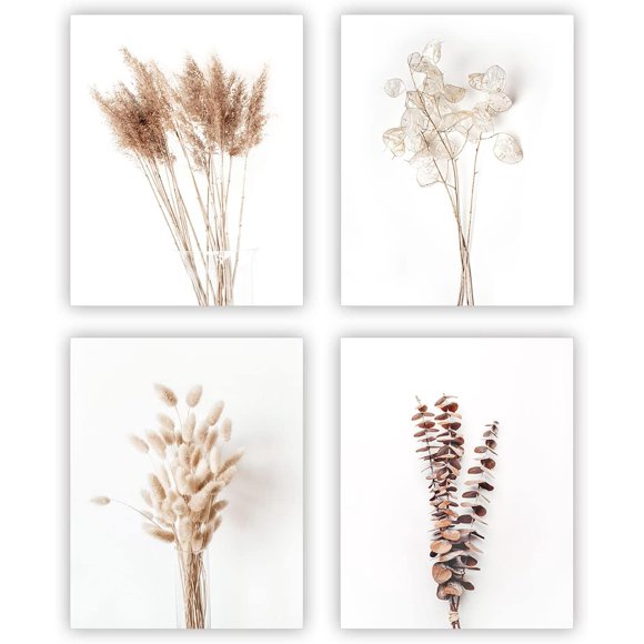 shiyou-Botanical Wall Art Plant Prints Floral Leaf Pictures Boho Flower Wall Decor for Bedroom Beige Fall Pampas Grass Leaves Artwork Set of 4(UNFRAMED 8x10in)