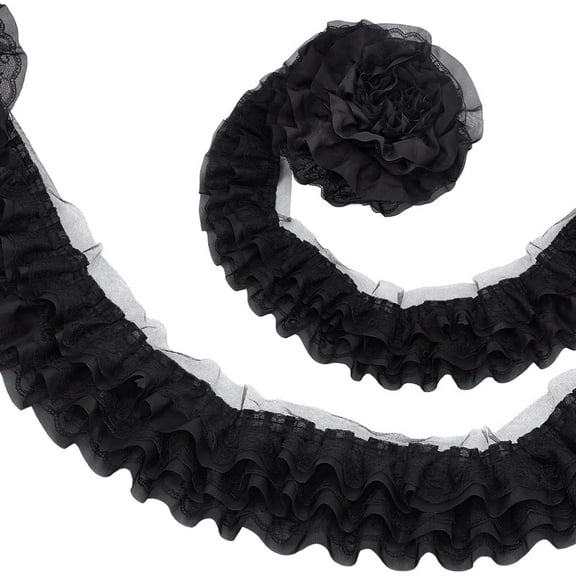 5 Yards Ruffle Lace Trim 4.92 Inch Black Pleated Fabric Ribbon Vintage Ruffled Trimming 3-Layer Gathered Ribbon for Sewing Craft Wedding Bridal Dress Party Decoration