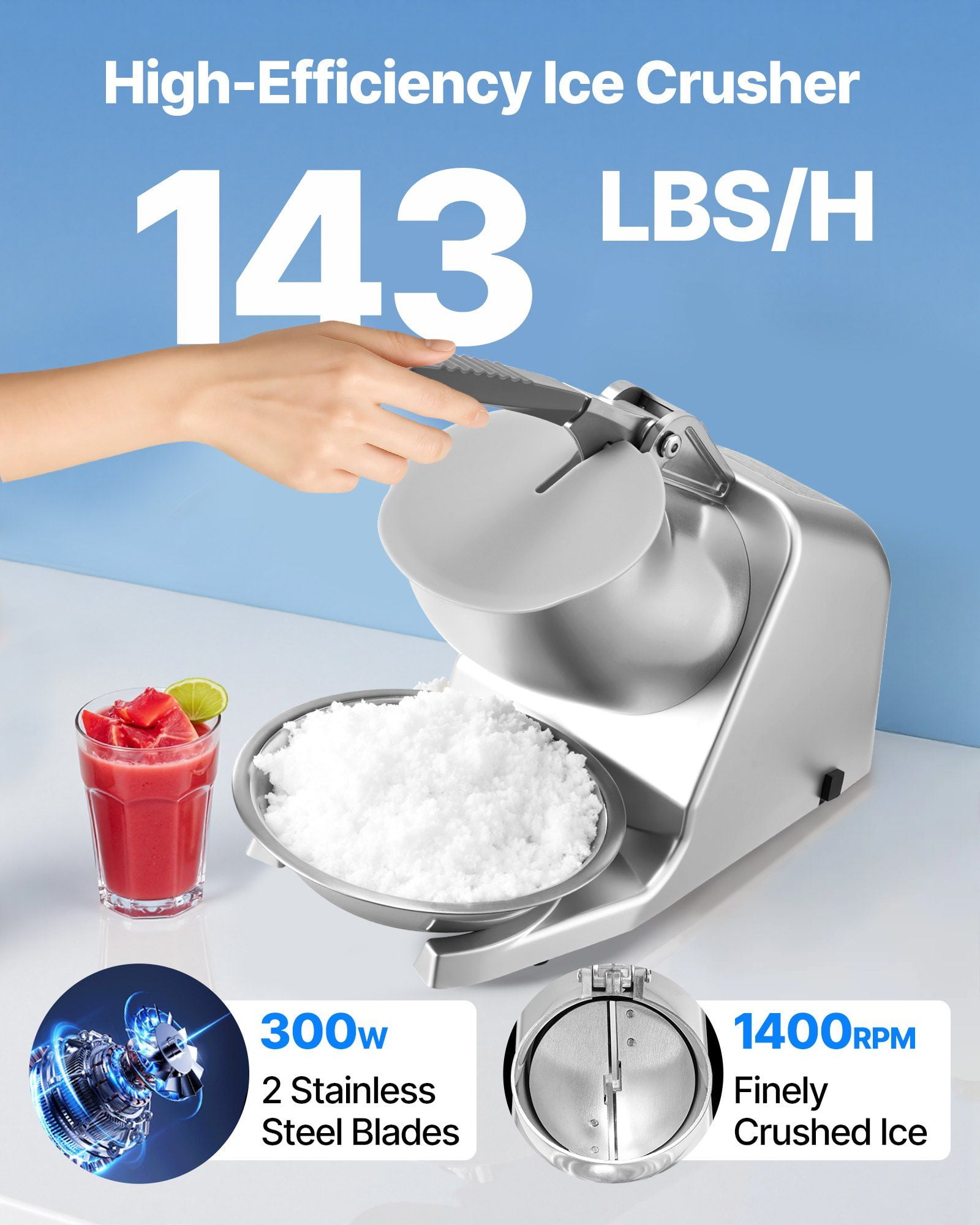 Commercial Ice Crusher 143LBS/H Electric Snow Cone Maker with Stainless Steel Blades, Shaved Ice Machine for Home, Bar, Restaurant, Office, Compact & Efficient Silver Design for Quick Ice Crushing