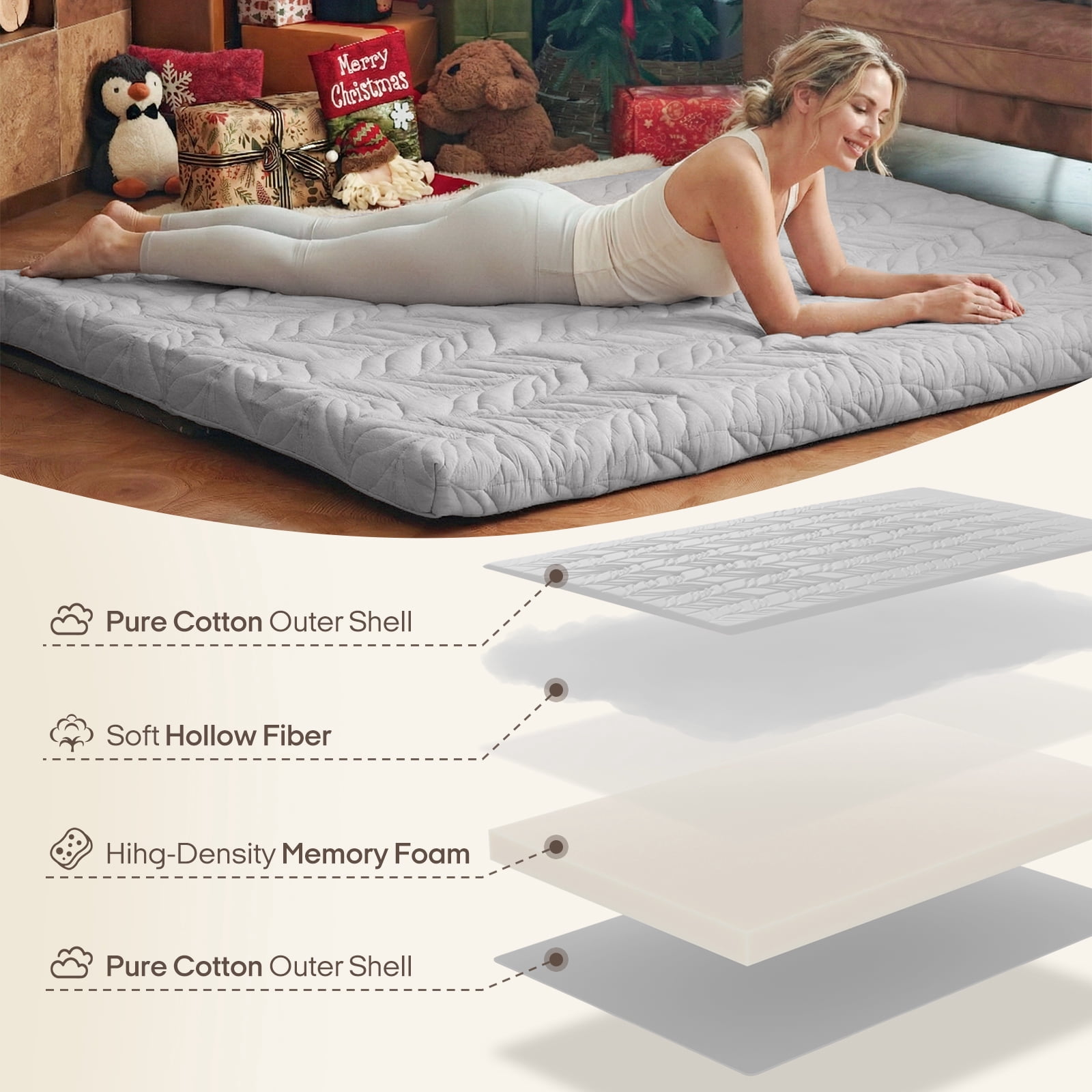 Zonli Japanese Floor Mattress Futon, Foldable Tatami Mat with Cotton Cover, Full 75"x54", Grey