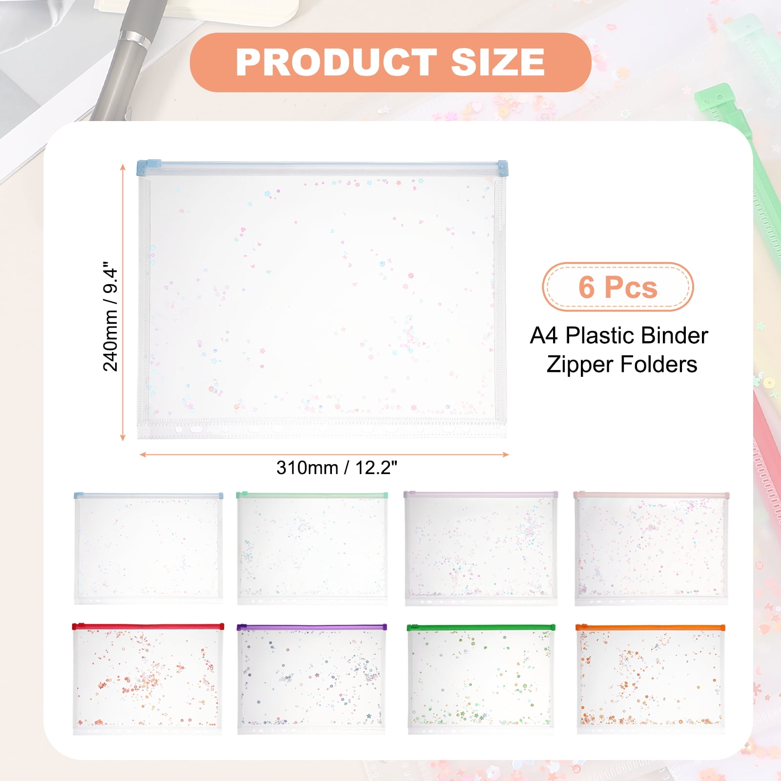 Uxcell 6Pcs A4 Plastic Binder Zipper, Binder Pockets 12 x 9" Clear Envelope Folders Planner Waterproof Pouch Filing with Sequin Decor for Document Notebook Card Organizer, Light Blue