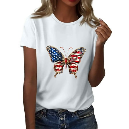 Ladies Tops And Blouses  Women S Round Neck 4Th Of July Printed Short Sleeved T-Shirt Top Workout Shirt Soft For Women Short Sleeve Tops Tank Woman Corset Tops Tank Tops (S  White) ZMTing
