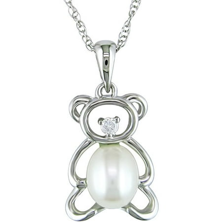 5-5.5mm Pearl Teddy Bear and Diamond Accent 10kt White Gold Pendant, 17"