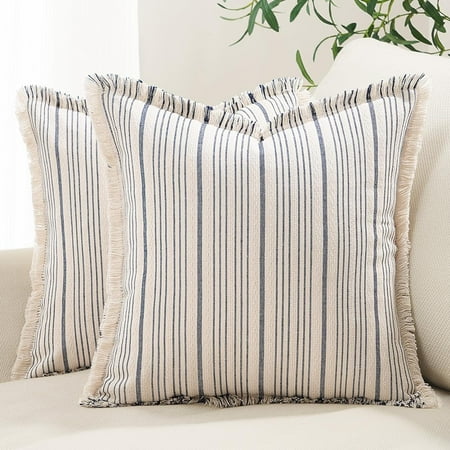 

Throw Pillow Covers with Tassel 16x16 Set of 2 Navy Blue Fringed Throw Pillows Decorative Pillow Covers Modern Farmhouse Linen Stripes Couch Cushion Cases for Bedroom Livingroom