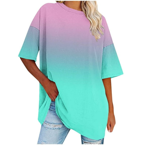 Fanxing Oversized Graphic Tees For Women Y2k Gradient Tie Dye Summer Tshirts Loose Fit Round Neck T Shirts Light Blue,L