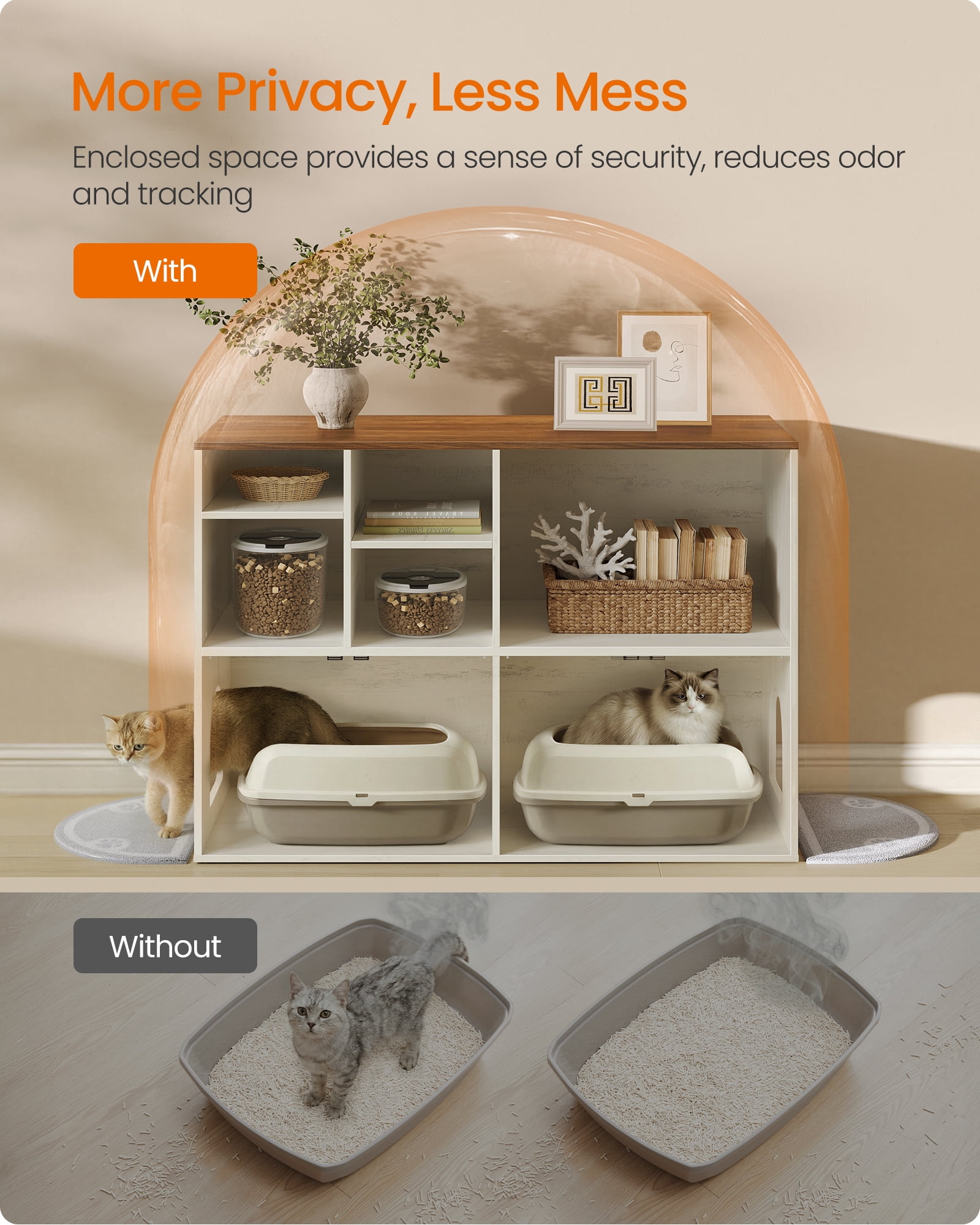 Feandrea Litter Box Enclosure for 2 Cats, Hidden Litter Box Furniture with Storage Cabinet, Double Room, Honey Brown and Rustic White