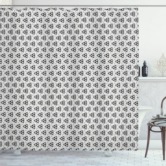 Abstract Geometry Shower Curtain, Rhythmic Monochrome Random Motifs Arrangement Illustration, Fabric Bathroom Set with Hooks, 69W X 70L Inches, Charcoal Grey and White, by Ambesonne